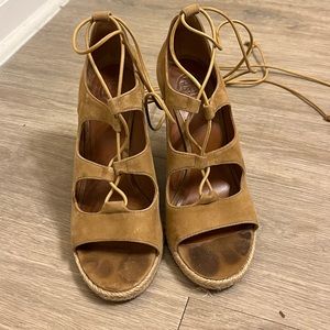 Tory Burch Tan Suede Lace Up Wedged Sandals